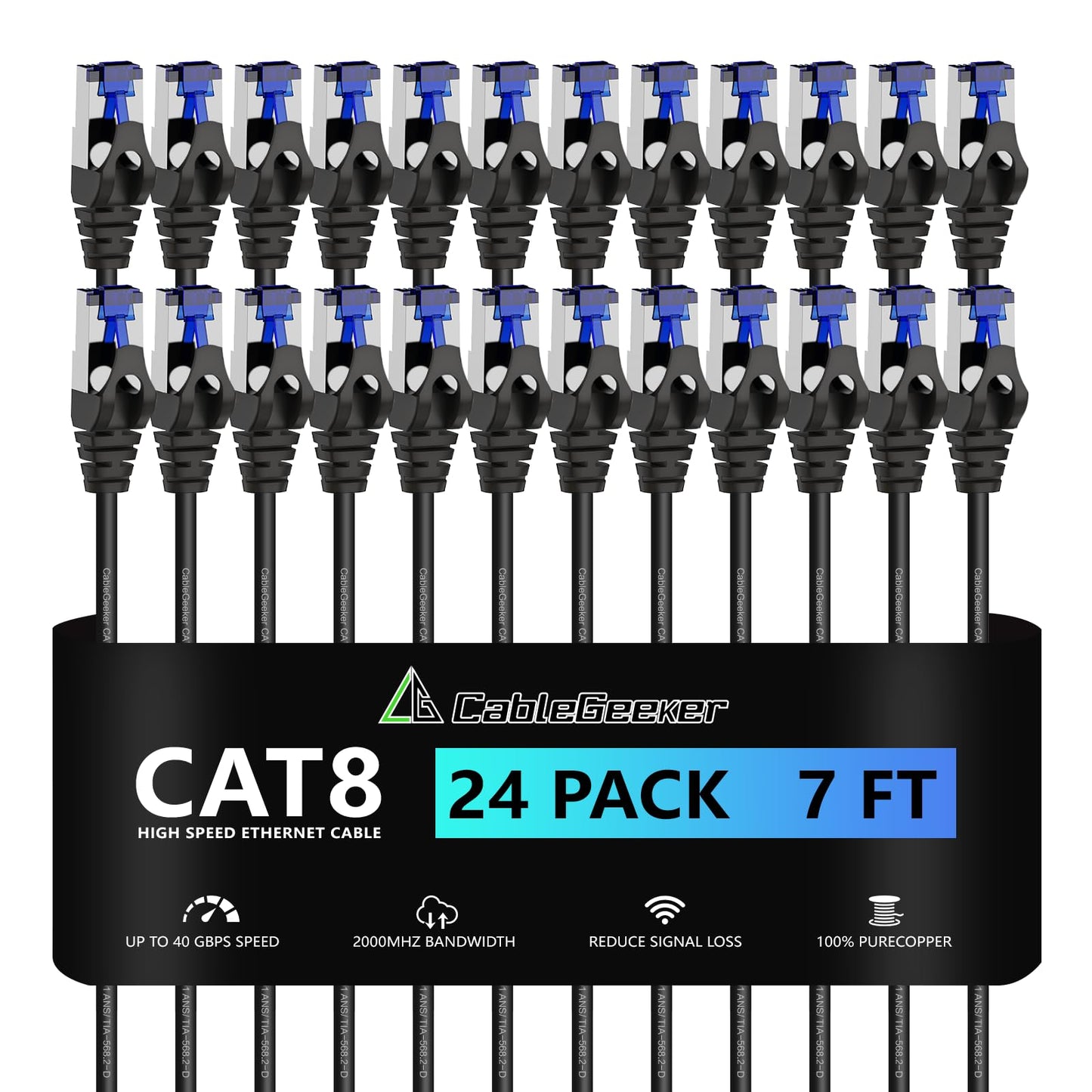 CableGeeker Patch Cables Cat8 7ft 24 Pack Slim, Cat8 Ethernet Patch Cable 40G 2000MHz Support, Snagless RJ45 Cat 8 Patch Cable for Patch Panel to Switch, Flexible Network Cable - 7 Feet Black