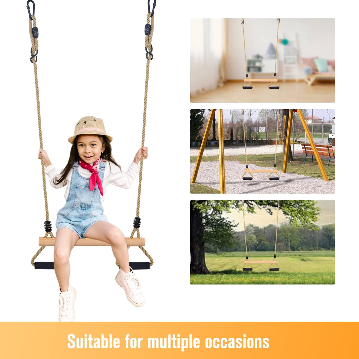 Wooden Trapeze Swing Bar with Gym Rings for Adults Children's Swing Set Indoor Outdoor Garden,Yard,Playground