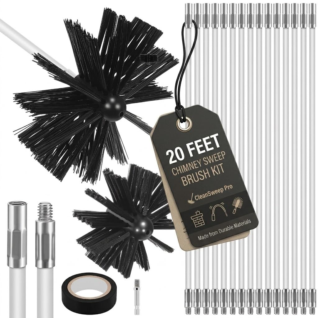 MAGICLULU 20FT Chimney Sweep Kit, Flexible Rods Flue Cleaning Tool, Wood Burner Fireplace Maintenance Set, Rotary Creosote Sweeping Brush, Pellet Stove Dryer Vent Exhaust Pipe Duct Soot Remover