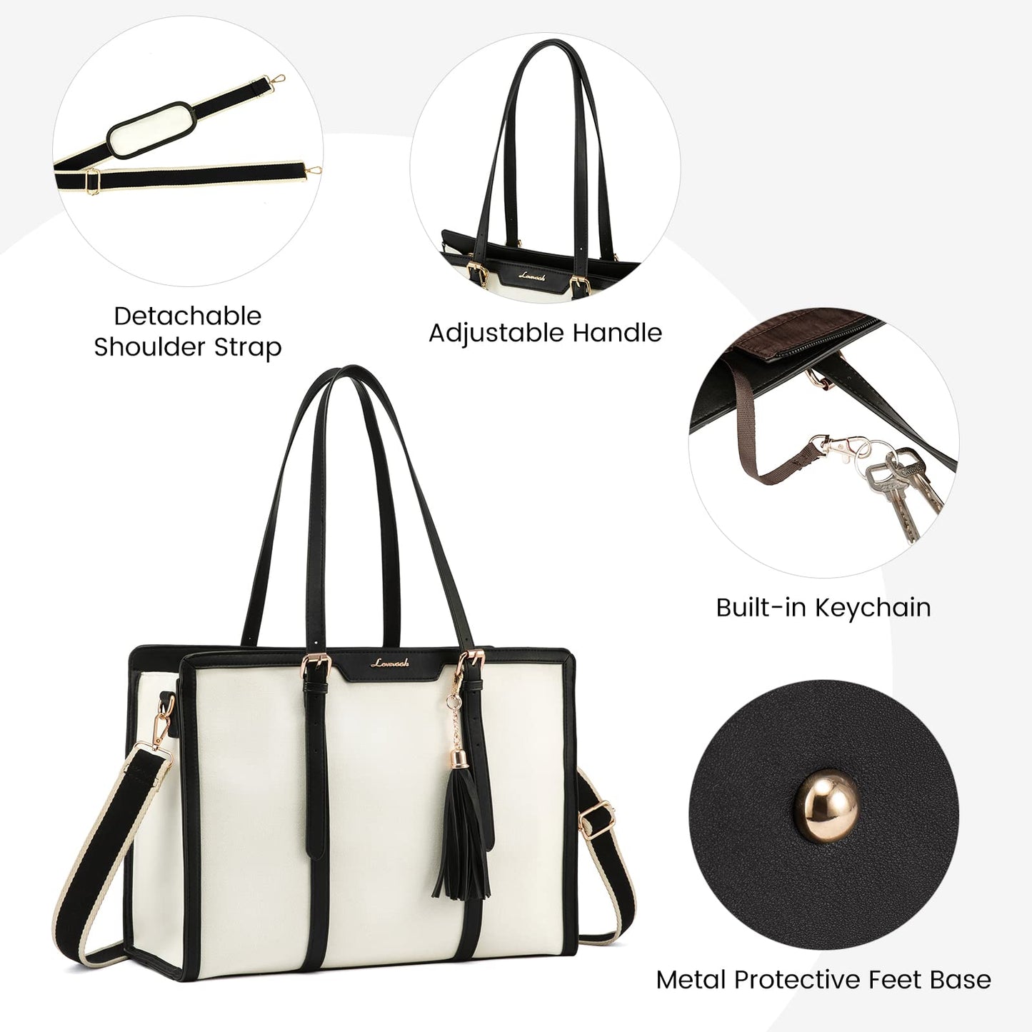 LOVEVOOK Laptop Tote Bag for Women,15.6 inch Canvas Leather Computer bag with Clutch Purse for Business, Travel, Casual, Beige & Black, 15.6 Inch