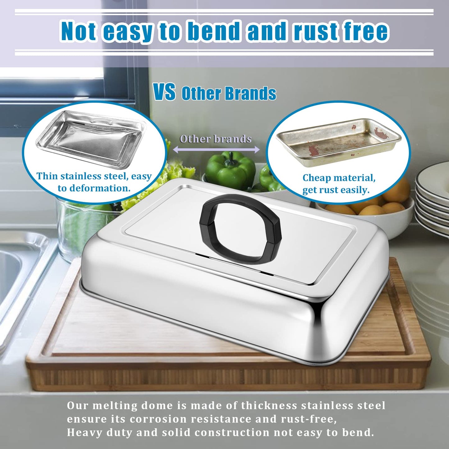 2PCS Rectangular Basting Cover, HaSteeL Stainless Steel Cheese Melting Dome Steaming Cover Lid, Heavy Duty Griddle Grill Accessories for Flat Top BBQ Kitchen Indoor & Outdoor, Dishwasher Safe