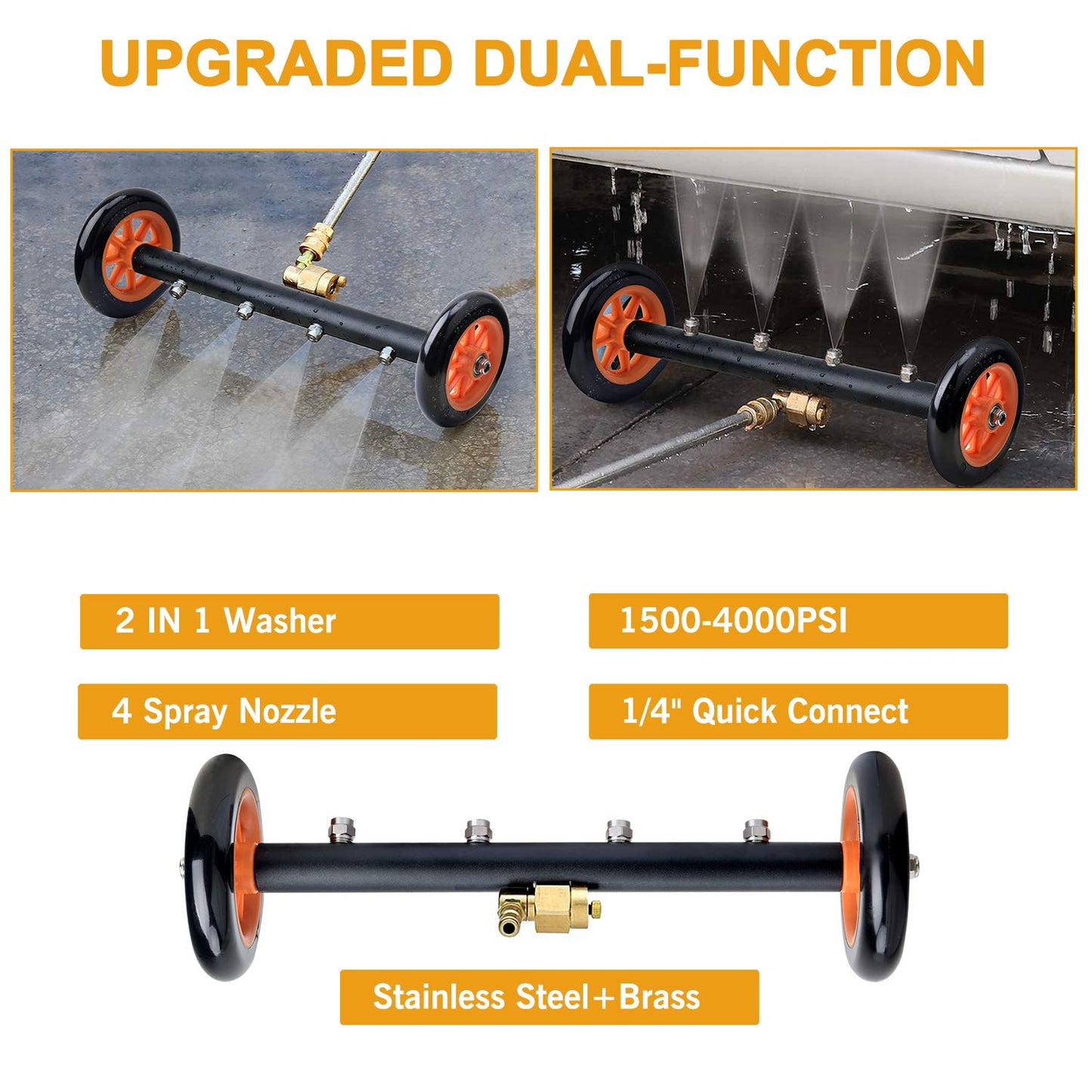 EVEAGE 2-in-1 Pressure Washer Undercarriage Cleaner Water Broom, 16" Surface Cleaner Power Washer Attachment with 4 Nozzles 3 Extension Rods and QC Pivot Coupler Extra Wash Mitt, 4000 PSI,Blaze Orange
