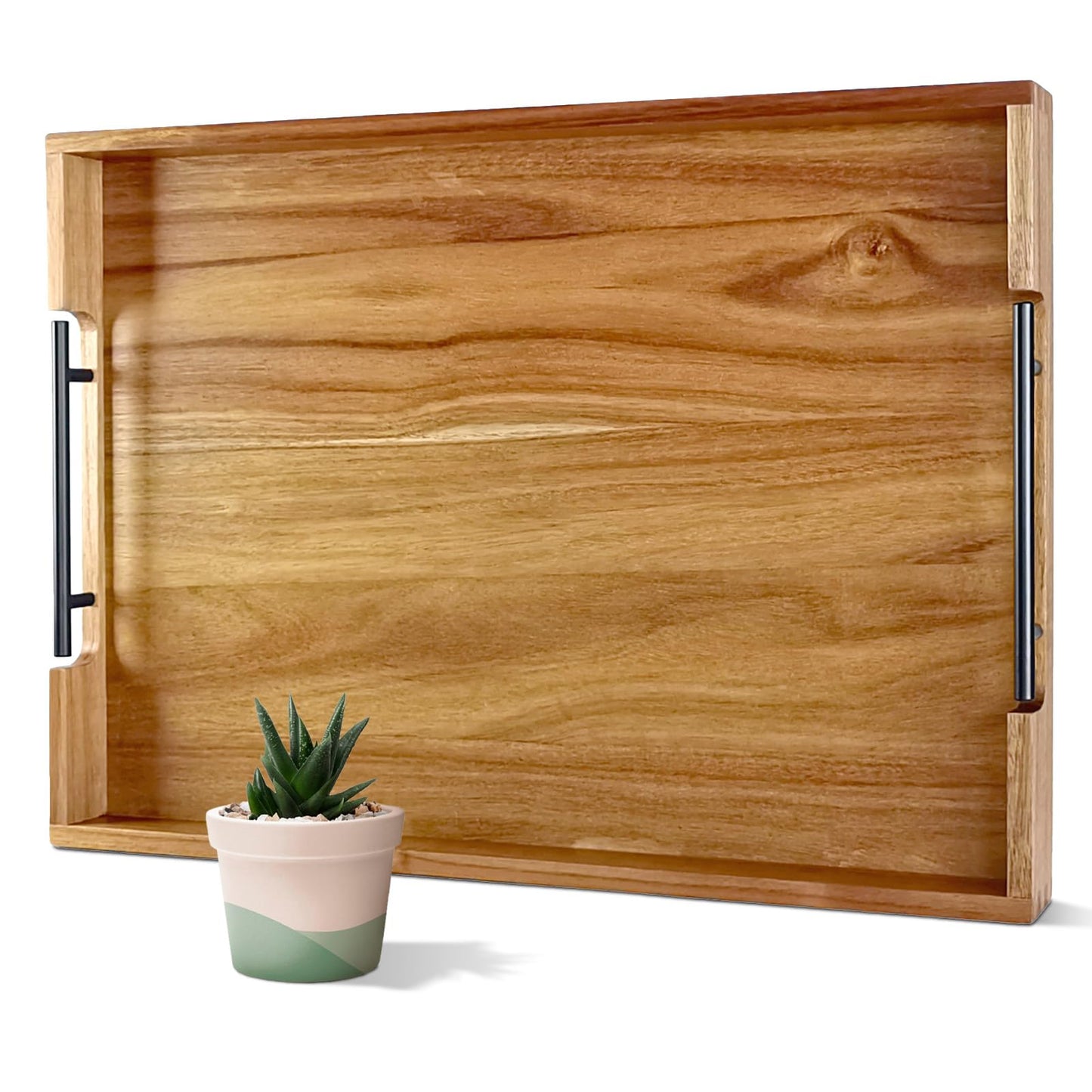 OurMiao 22 Inches Acacia Wood Serving Tray with Metal Handles, Large Wooden Rectangle Ottoman Tray, Decorative and Durable Design for Living Room Coffee Table Couch