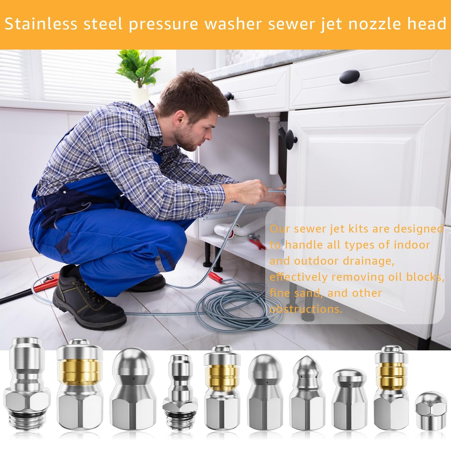Wllead Jetter Heads Kit (Pack of 10) - Rotating Button Drain Cleaning Nozzle Tips for Pressure Washer Sewer Jetter - Stainless Steel 5000 PSI
