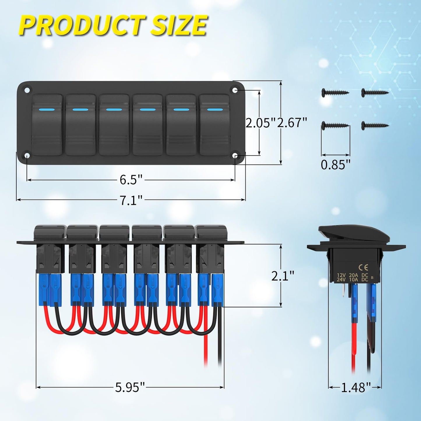 Joinfworld 6 Gang Rocker Switch Panel Waterproof, 12V LED Light Bar Switch Panel for Boat Marine Automotive Car Truck RV UTV, 12 Volt Rocker Toggle Switch 3 Pin ON/Off with Blue LED Pre-Wired