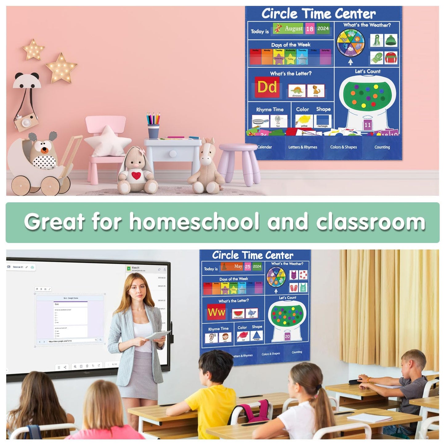 Circle Time Learning Center Pocket Chart, Kids Calendar for Classroom, Educational Pocket Chart Learning Calendar Weather Letter Counting Rhyme Color Shape