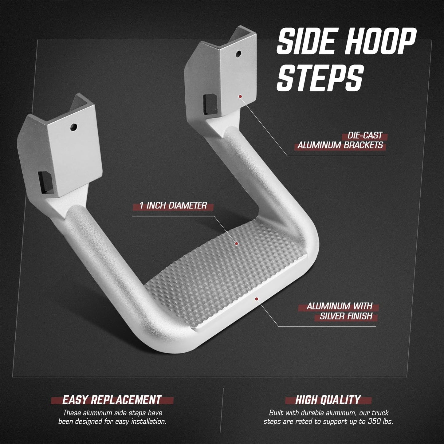 DNA Motoring Pair Aluminum Side Hoop Steps Universal Side Step Compatible with Chevy GMC Dodge Pickup Trucks SUVs, 11" L x 6" H x 12" W, 2 Pcs, Silver, SSTEP-SS