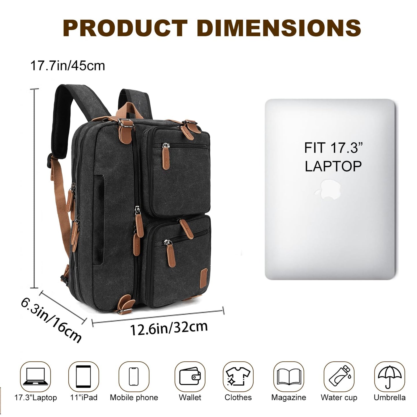 koolehaoda 3 in 1 Convertible Briefcase Backpack 17.3 inch Laptop Backpack Case Messenger Bag for Men, Multi-Functional Computer Bag for Travel Bussiness Men Women (Black)