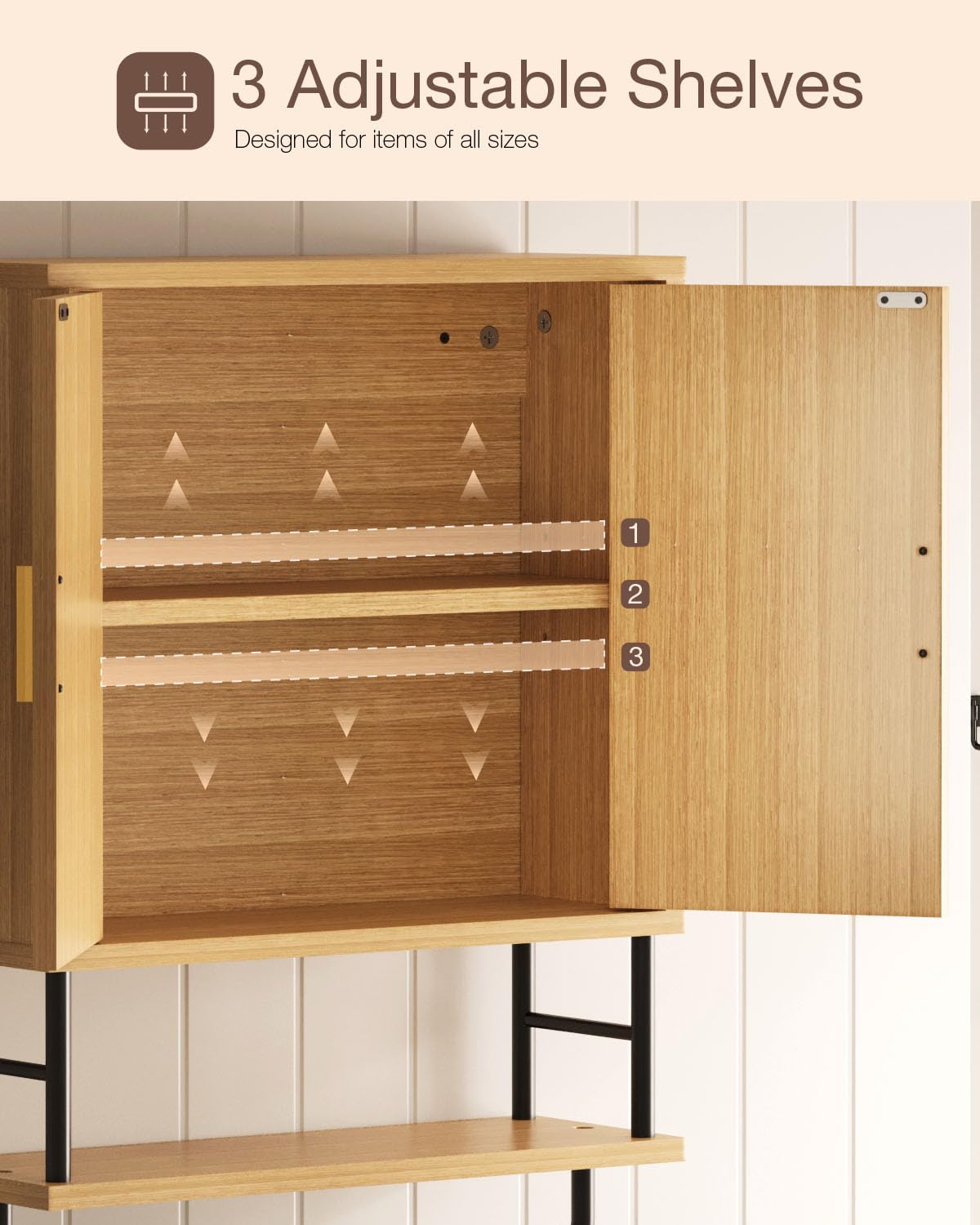 MIRICHY Bathroom Wall Cabinet, Fluted Medicine Cabinet Wall Mounted with 2 Doors & Shelf, Towel Rack Over The Toilet Storage for Bathroon, Kitchen, Bedroom & Laundry, Natural Small