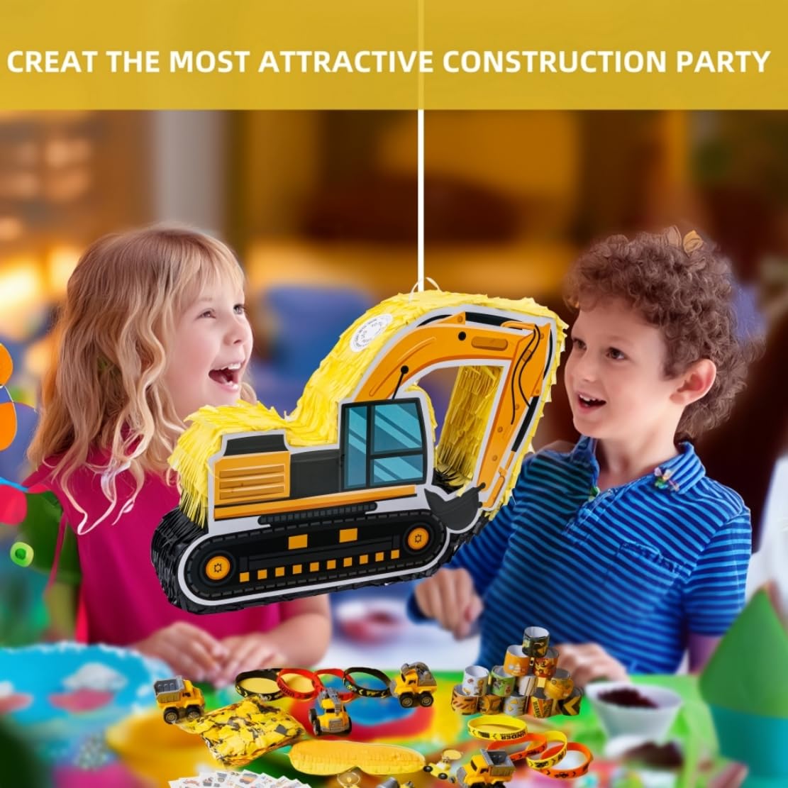 Construction Pinata Party Favors Construction Birthday Party Decorations for Boys Excavator Pinata Truck Party Supplies with Stickers Slap Bracelets Keychains Silicone Bands Mini Trucks (Construction)