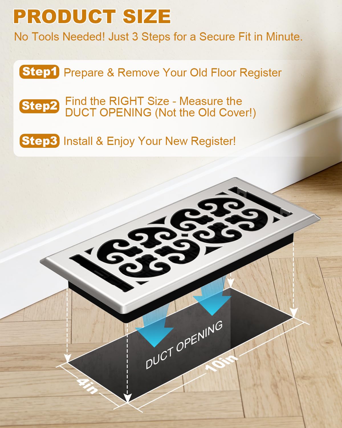 Floor Vent Covers 4x10 Inch - Heavy Duty Walkable Air Vent Cover for Home Floor & Wall - Decorative 2MM Thicker Metal Floor Register with Easy Adjust Airflow Switch - Satin Nickel HVAC Vents - 5 Pack