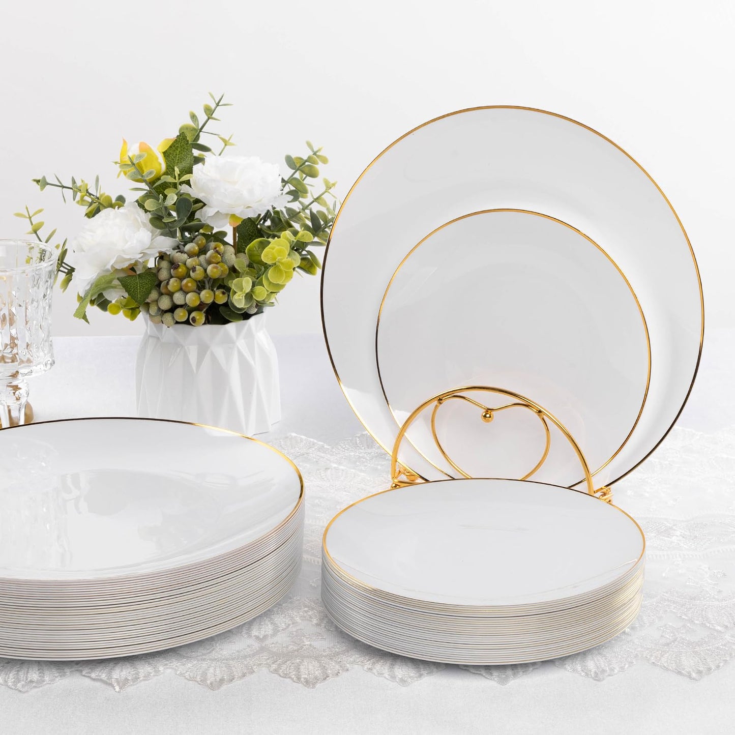 Goodluck 100PCS White Plastic Plates with Gold Rim, White Gold Disposable Plates for Party, Wedding, Include 50 Dinner Plates, 50 Dessert Plates for 50 Guests