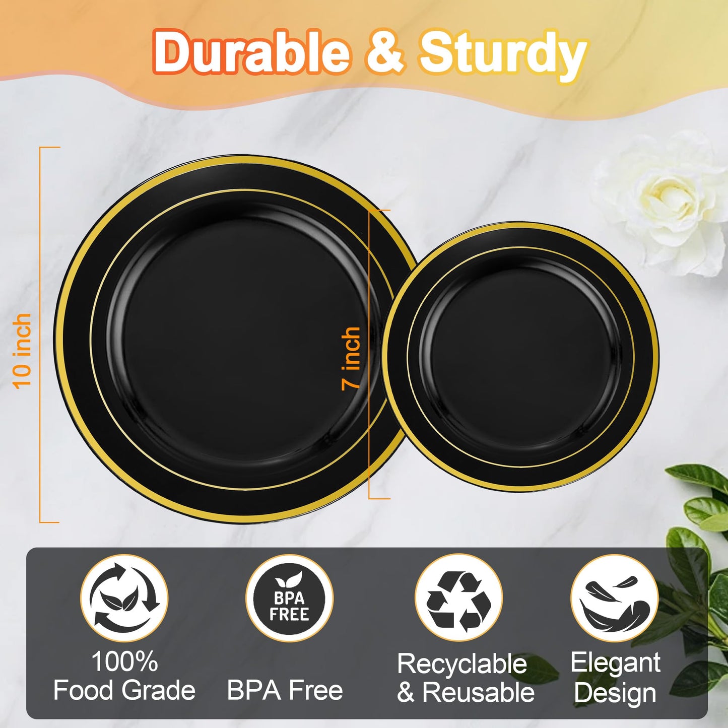 ROCOHANTI 100 PCS Black and Gold Plastic Plates, Disposable Party Black Plates Include 50 Dinner Plate and 50 Dessert Plate Perfect for Holiday, Birthday, Graduation, Wedding & Party