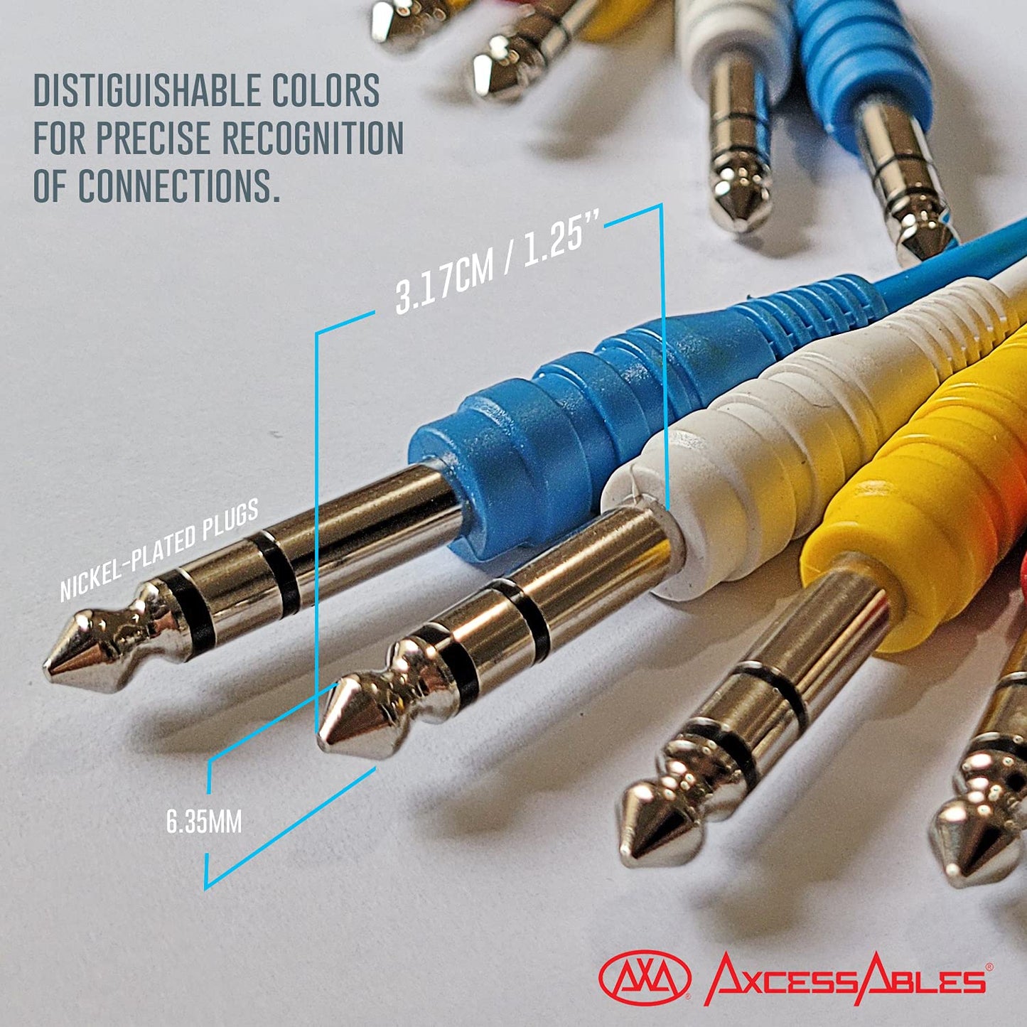 AxcessAbles 3' 1/4" TRS to 1/4" TRS Multicolor Balanced Stereo Patch Cables (6-Pack) | Speaker & Studio Patch Cables