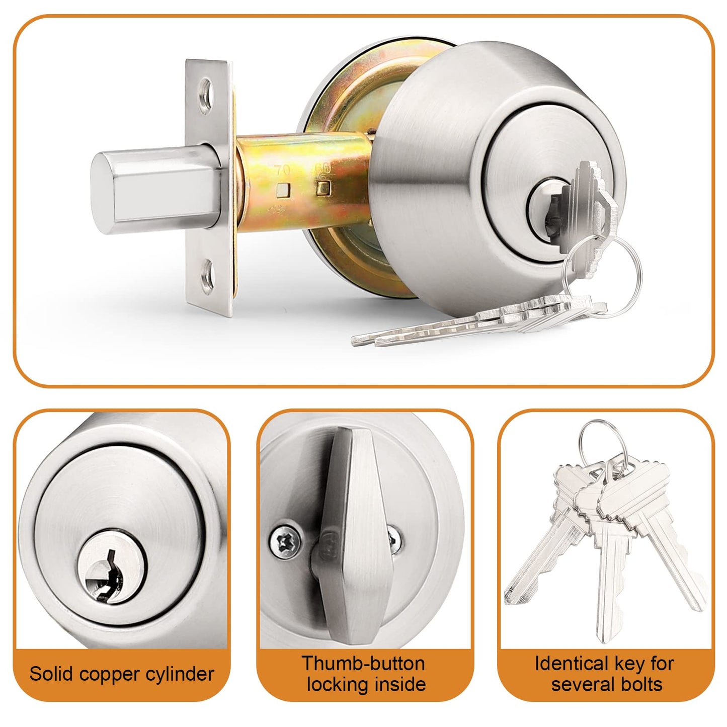 Probrico(2 Pack) Keyed Alike Single Cylinder Deadbolts Brushed Nickel (Combo Packs), Keyway Keys Handleset, 3 Keys Anti-Theft Interior& Exterior Door Hardware (for Entrance Lock and Front Gate)