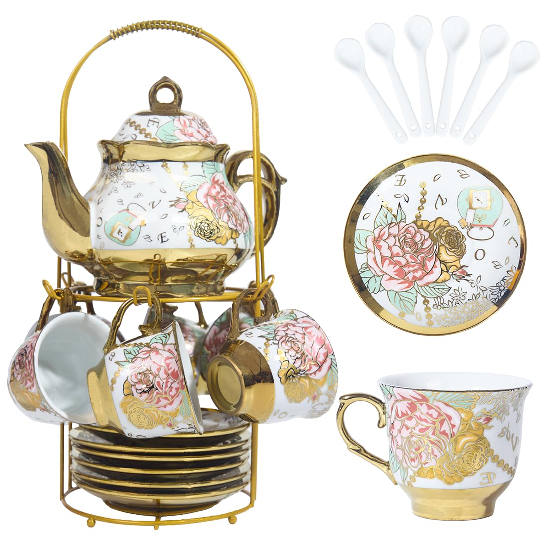 CHANJOON Gold Plated Red Rose Ceramic Tea Sets, Vintage Tea Set with Teapot, Beautiful Tea Set Coffee Serving 6 People (Golden, Medium)