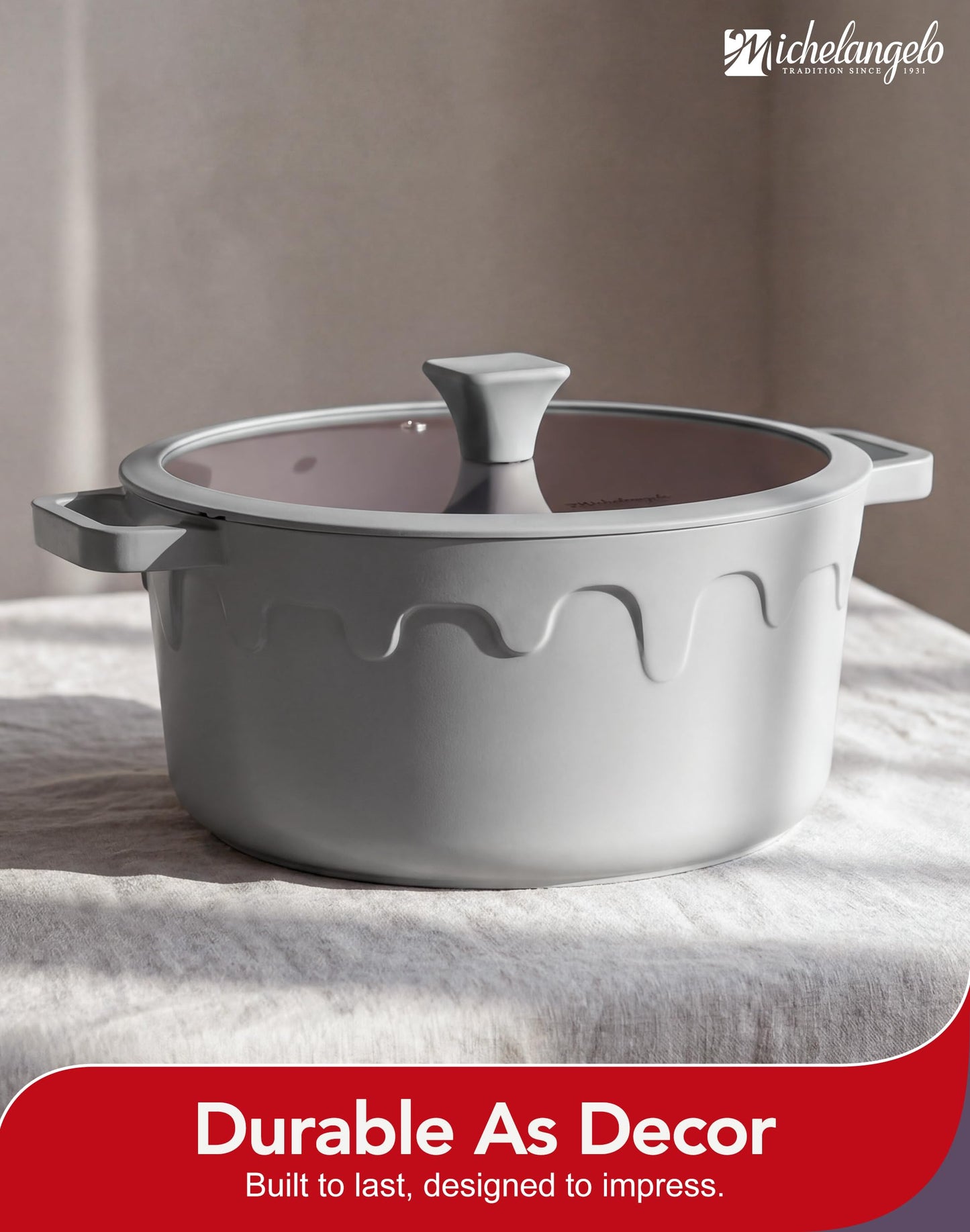 MICHELANGELO Ceramic Stock Pot with Lid - Nonstick Soup Pot for Induction Cooktop, 8-Quart Non Stick Cooking Pots with Silicone Handle Covers & Pot-Holder, Grey