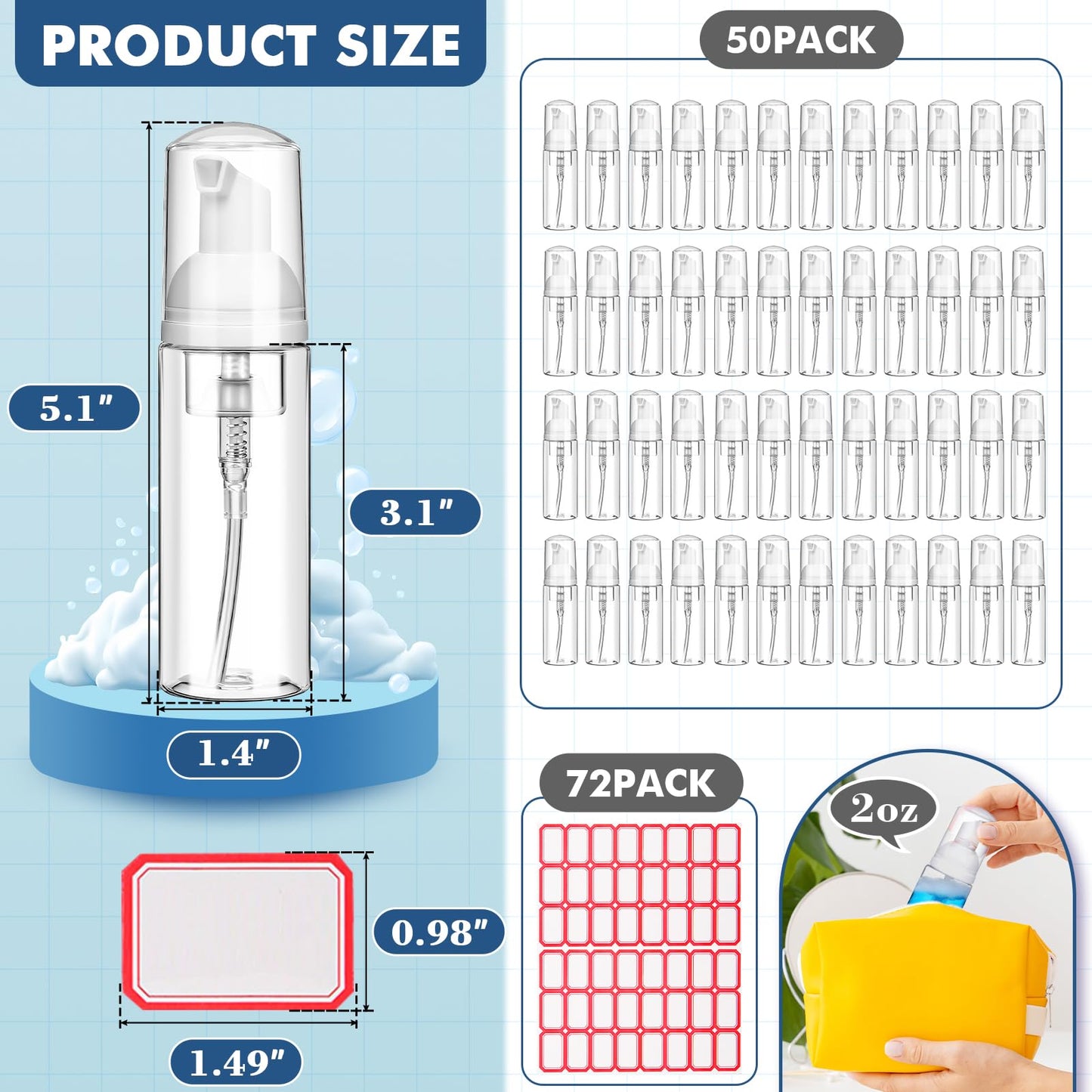 50 Pcs 2 oz Plastic Foam Pump Bottle Refillable 60ml Travel Mousse Foaming Soap Dispenser Mini Eyelash Cleaning Foam Bottle Dispenser for Face Wash Lash Shampoo Skin Care