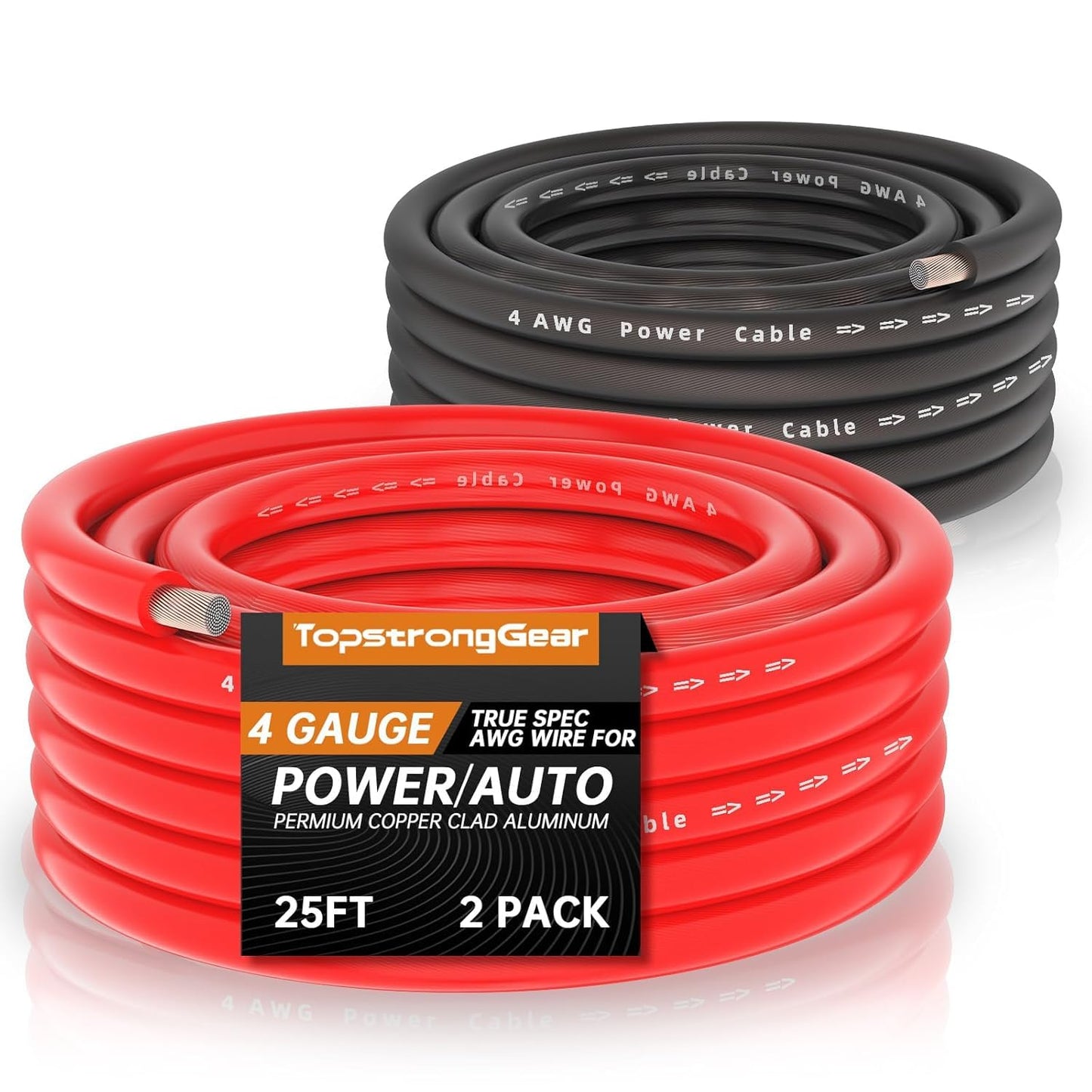 TOPSTRONGGEAR 4 Gauge 25ft Black and 25ft Red Power/Ground Wire True 4 AWG Power Wire-True Spec and Soft Touch Cable (Black&Red) (25FT Red & 25FT Black)