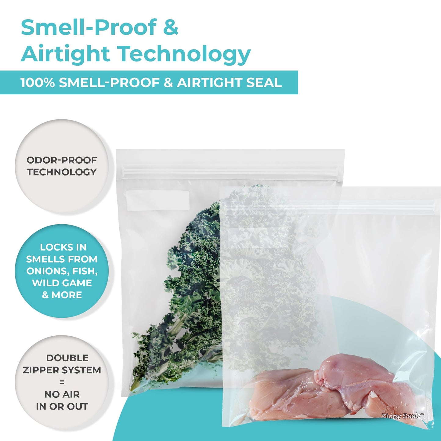 Zippy Sealz V3 1/2 Lb Smell Proof Bags 28x30cm, 100 Pack Double Zipper Reusable Waterproof Floating Ziplock Bags with Quick Zip Tool, Extra Thick 3.5 Mil BPA Free for Herbs, Food & Valuables