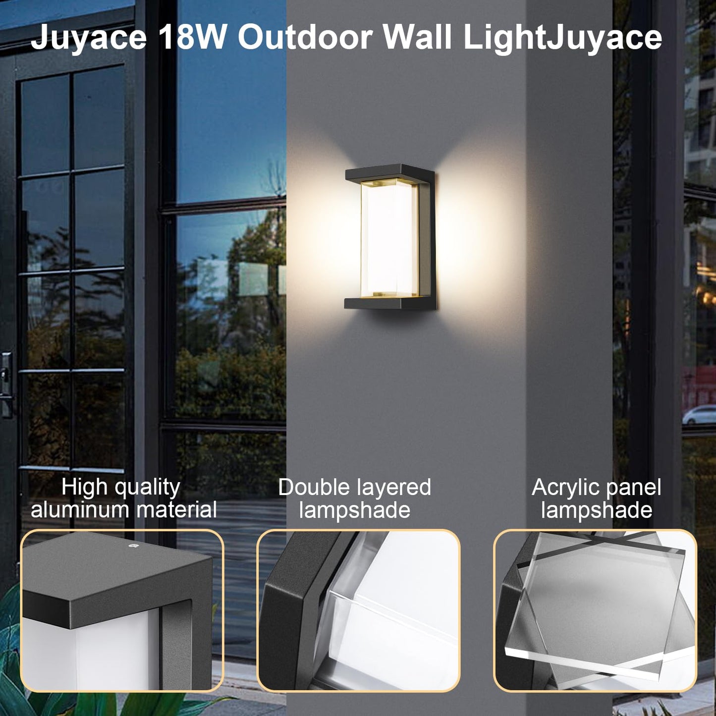 Juyace 18W Outdoor Porch Light 3000K 1800Lm Matte Black LED Outdoor Wall Light Aluminum Exterior Light Fixtures Wall Mount IP65 Waterproof (2 Pack)