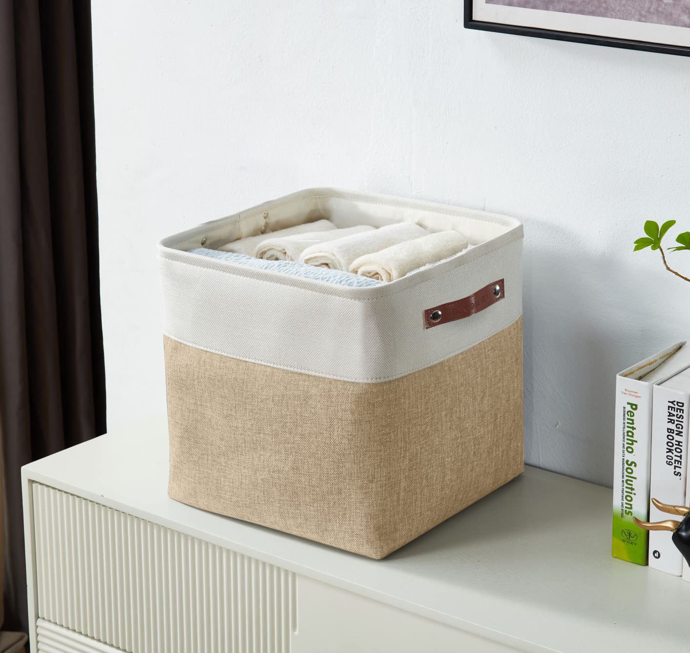 DECOMOMO Cube Storage Bin, Storage Baskets for Shelves, 12x12 inches Collapsible Fabric Storage Cubes (Beige & White, 4pcs)