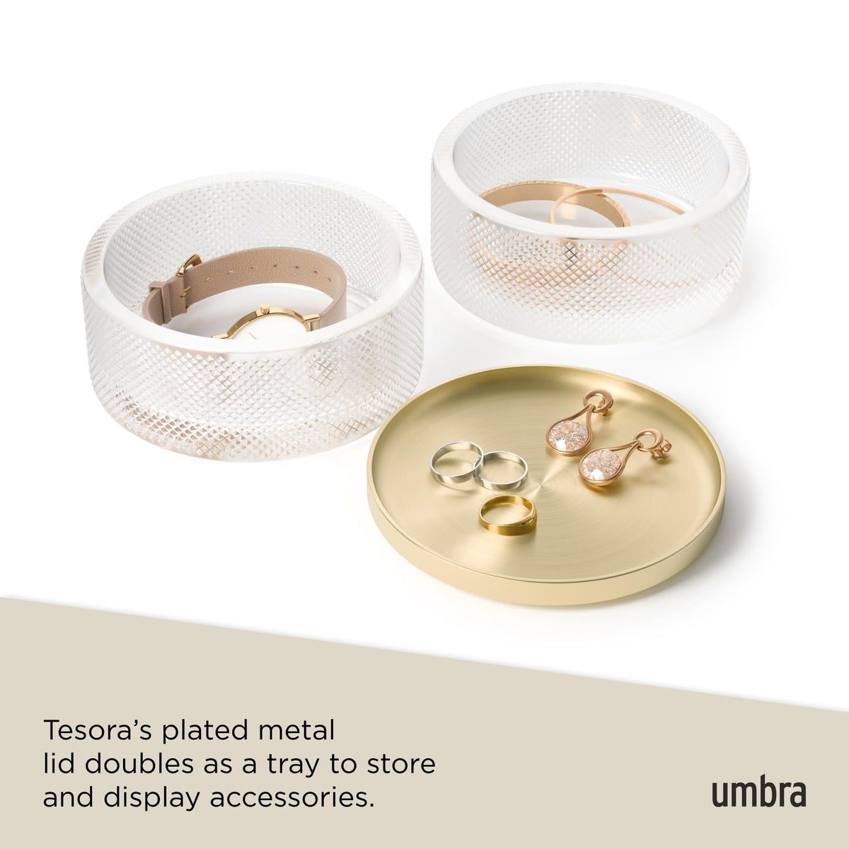 Umbra Tesora Jewelry Box, Necklace and Earring Holder, Accessory Organizer Display with Two Stacking Glass Compartments and Metal Lid, Brass