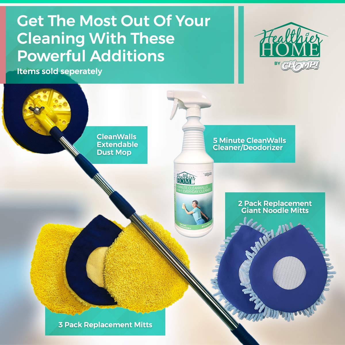 CHOMP! Microfiber Mop Refill Pack: 5 Minute CleanWalls 3-pak Yellow Reusable Washable Wall Washer, Ceiling Cleaner and Baseboard Duster - Dry Dust/Wet Wash Pads