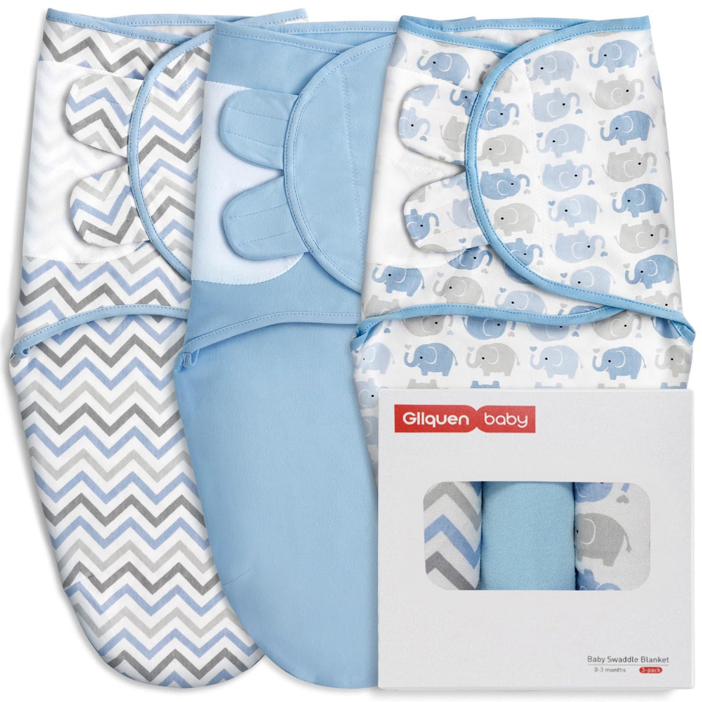 GLLQUEN BABY 3-Pack Organic Baby Swaddle Sleep Sacks for Newborn - Baby Swaddles 0-3 Months, Baby Swaddle Sack, Blue & Elephant & Stripe, Baby Swaddle Blanket Wrap (Small/Medium)