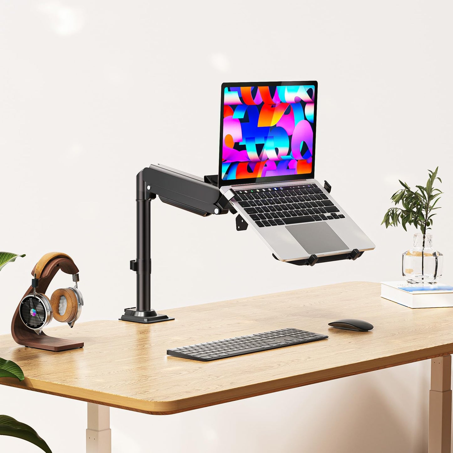 WALI Laptop Tray Desk Mount, Laptop Arm Mount Fits 10-15.6 Inch Notebook, 2-in-1 Gas Spring Monitor Arm for 17-32 Inch Computer Screen, Holds up to 22lbs(GSDM00LP), Black