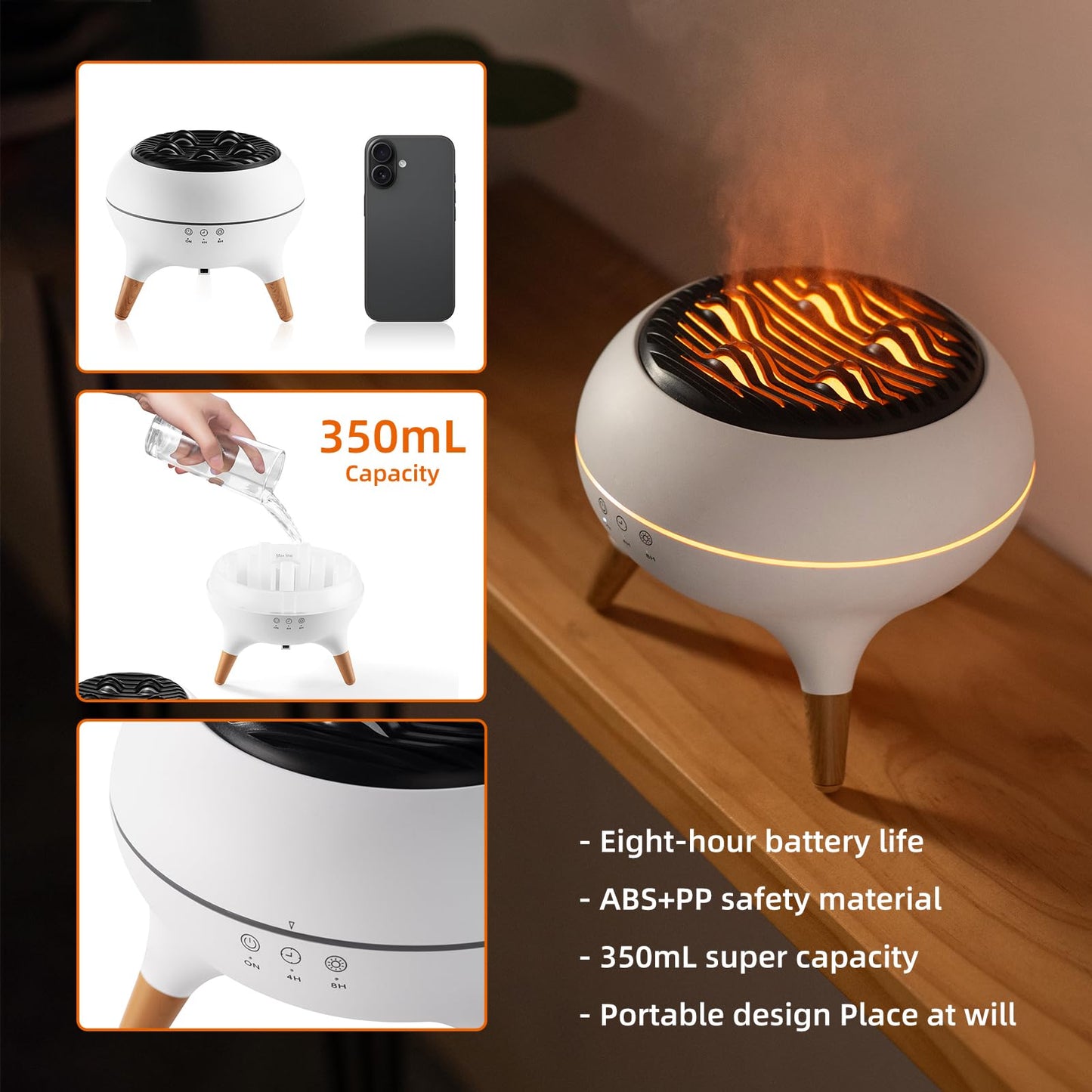 BLOIMP Essential Oil Diffuser 350ML Flame Diffuser Aromatherapy Humidifier, Remote & 7-Color Lights, Cool Mist Humidifier for Home Bedroom, Office, Hotel (White)