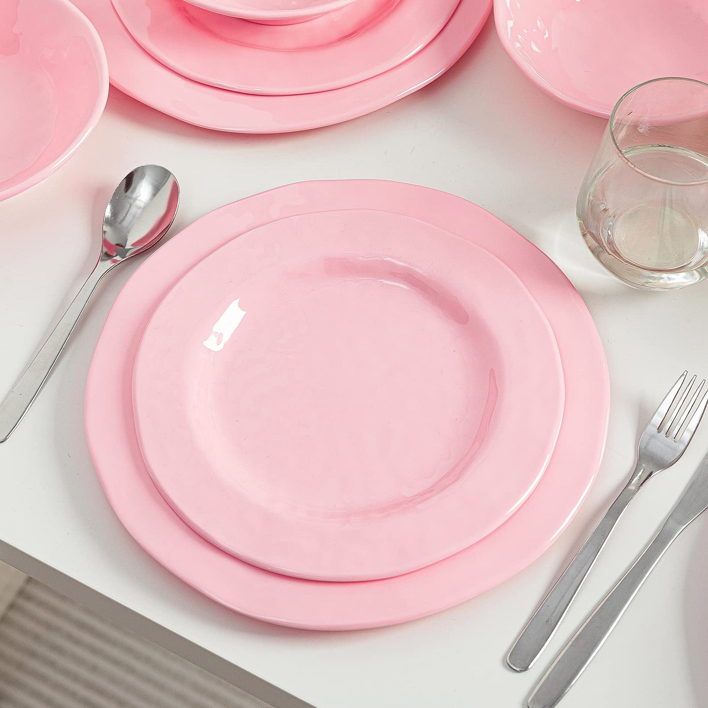 LEHAHA Pink Dishes Melamine Dinnerware Sets, 12 Piece Kitchen Plates and Bowls Dinnerware Sets, Lightweight, BPA free Melamine Dishes for Girls, Valentine's Day, Mother's Day.