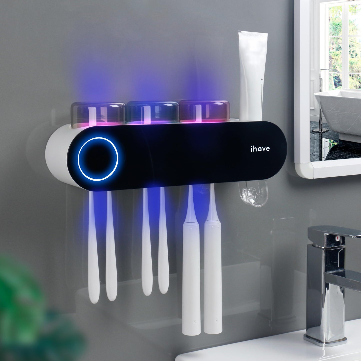 iHave Toothbrush Holder for Bathroom, UV Toothbrush Sanitizer and Holder Smart Home Bathroom Accessories, 3 Cups Electric Toothbrush Holder Wall Mounted with Toothpaste Dispenser Bathroom Decor