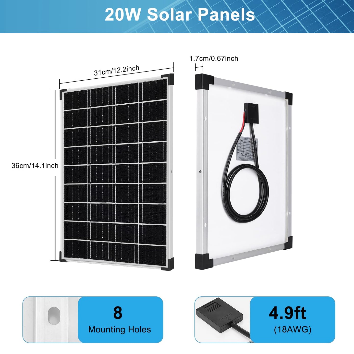 DYVIAHOME Solar Panels Kit Monocrystalline Solar Battery Maintainer 12V Solar Charge Controller with Extension Cable and Clips O-Ring Terminal fit RV Car Rooftop Camp Off Grid Applications(20W)