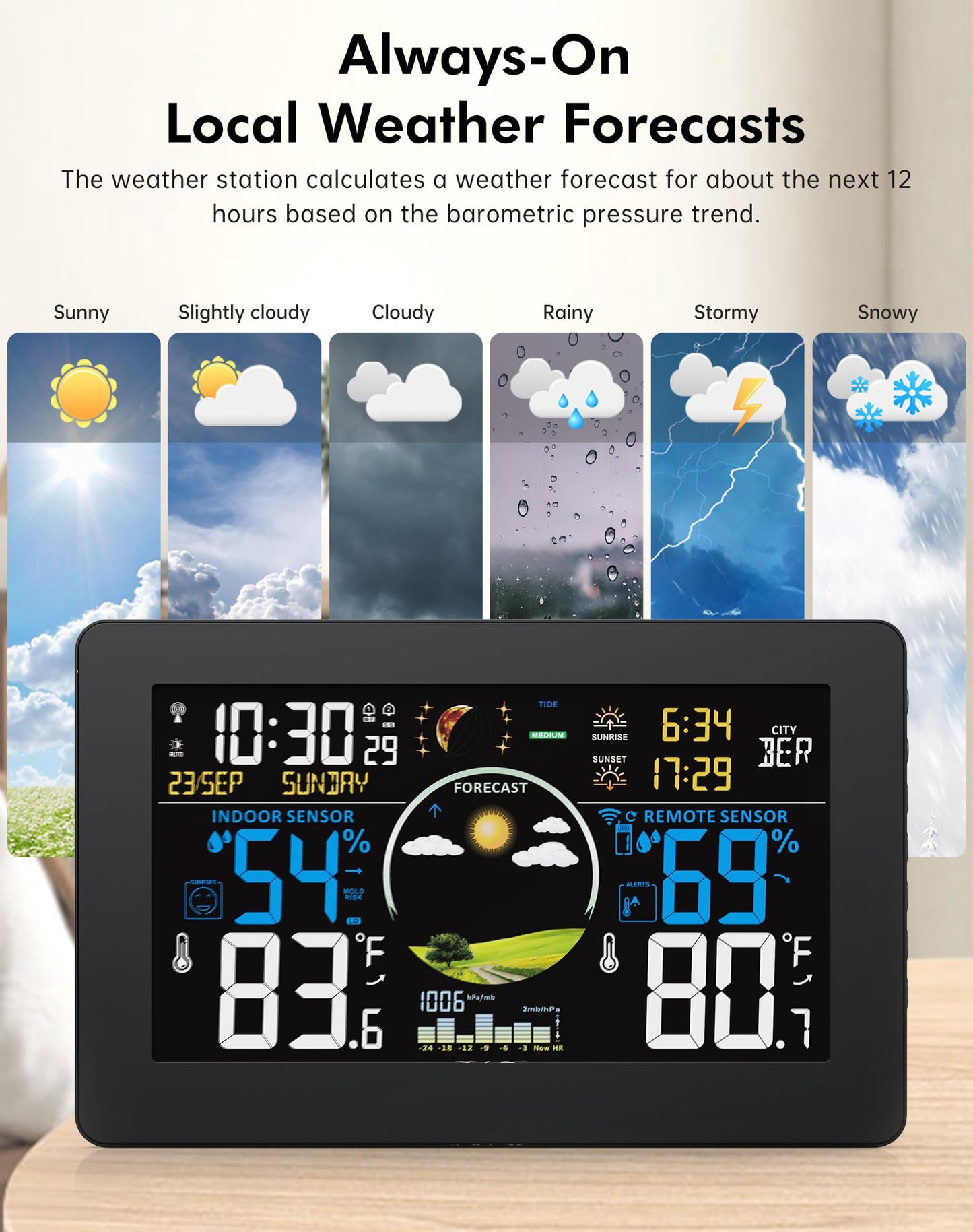 Zivron Weather Station Wireless Indoor Outdoor Thermometer, 7.5" VA Display with Remote Sensor, Home Weather Station with Weather Forecast, Temperature, Humidity, Atomic Clock, Moon Phase, Black