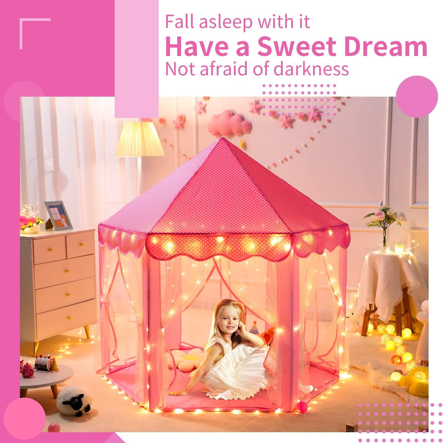 Sumbababy Princess Castle Tent for Girls Fairy Play Tents for Kids Hexagon Playhouse with Large Star Lights Toys for Children or Toddlers Indoor or Outdoor Games (Pink)