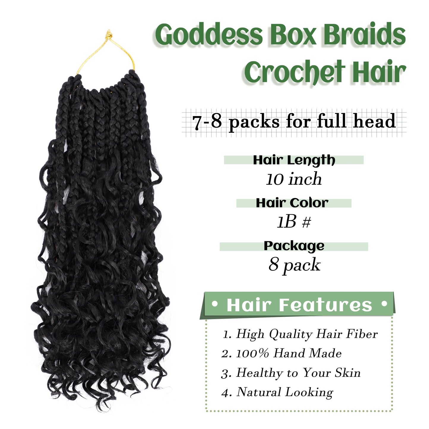 8 Packs Goddess Box Braids Crochet Hair 10 Inch Pre-looped Bohemian Crochet Boho Box Braids With Curly Ends 3X Crochet Braids Hair for Women Synthetic Braiding Hair (#1B)