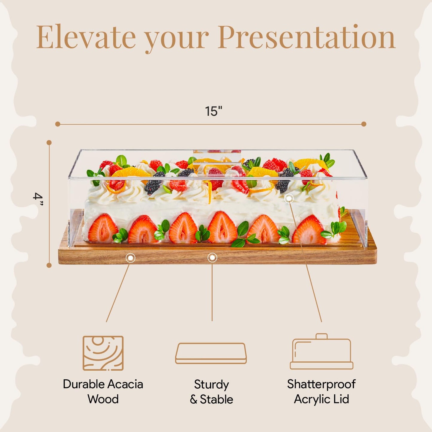 HOMESPHERE Cake Display with Lid – Acacia Wood Dessert Stand & Wooden Charcuterie Board with Lid for Loaf Cakes, Bread, Pastries, Cheese, Large Rectangle Wood Tray Platter & Acrylic Cover, 15 x 6.25”
