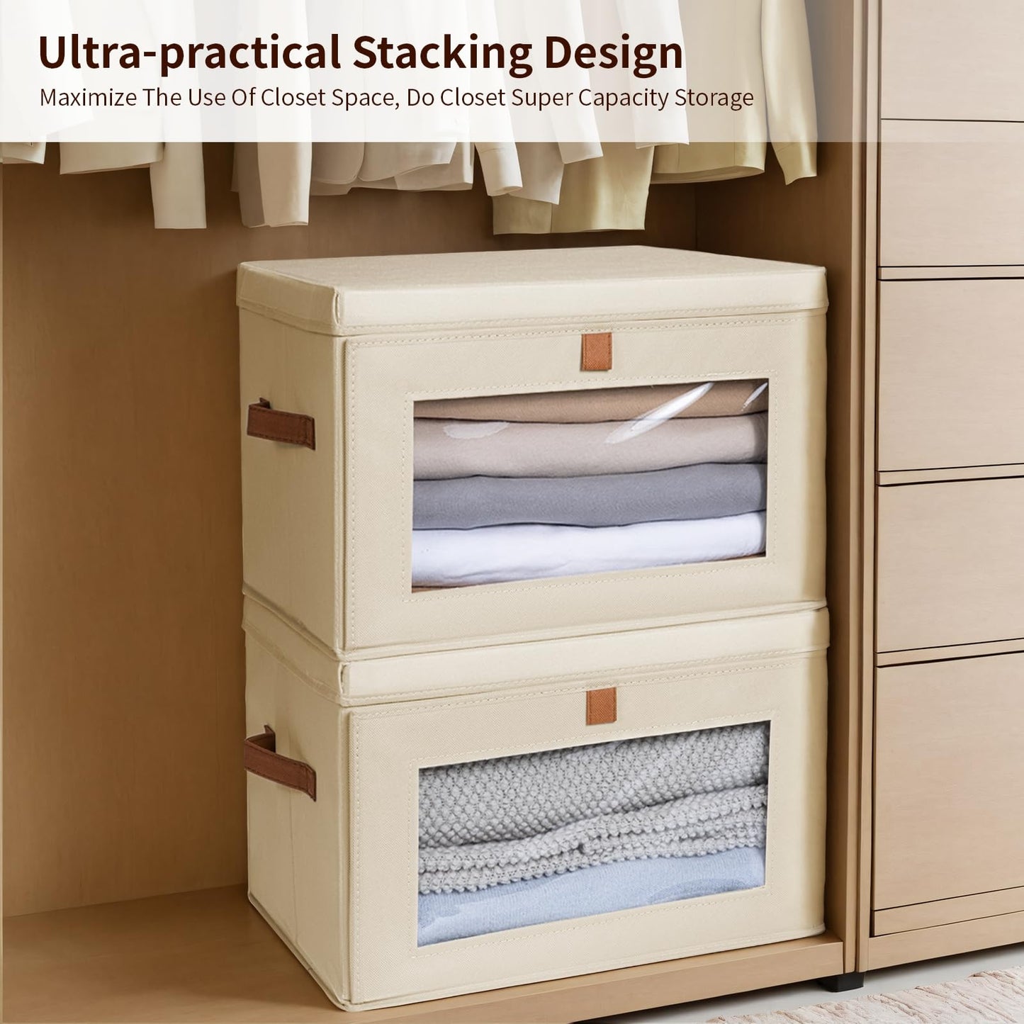 DIMJ Large Closet Storage Bins with Lid - 2 Pack Decorative Collapsible Storage Box with Handles & Clear Window for Clothes, Stackable Basket Organizer Living Room,Bedroom,Office, Beige
