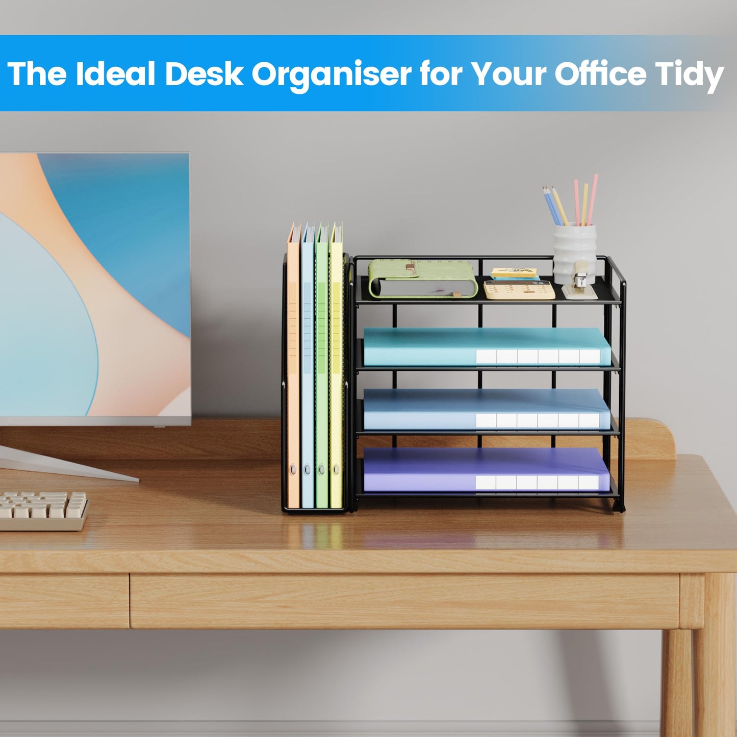 Office Paper Organizer with File Holder, 4 Tier Desk Tidy Organiser with 1 Paper Tray Storage for Magazine, Home, School, Office Stationary Supplies (Black)