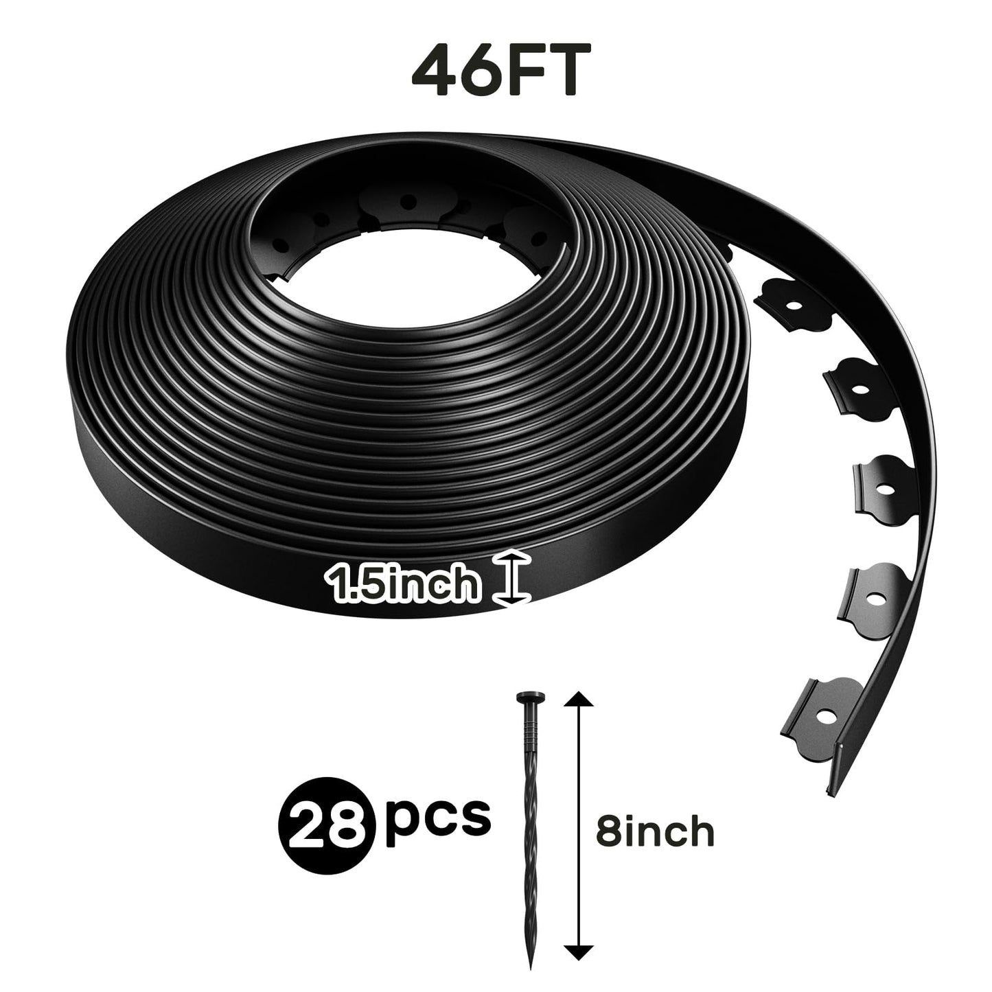 AGTEK 46FT Plastic Landscape Edging Kit 1.5in. Height No-Dig Garden Edging Border Lawn Edging Roll for Flower Bed Lawn Yard, Black, with 28 Anchoring Spikes