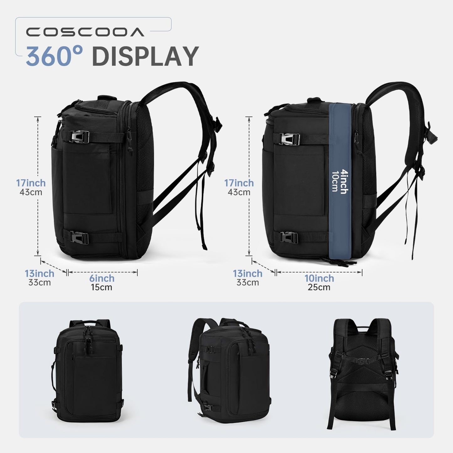 COSCOOA 6x13x17 inch Personal Item Bag for Budget Flight in Canada,15x33x43 cm Travel Bag,Expandable Carry On Travel Backpack,Underseat Travel Duffel Bag,15.6 inch Laptop Backpack