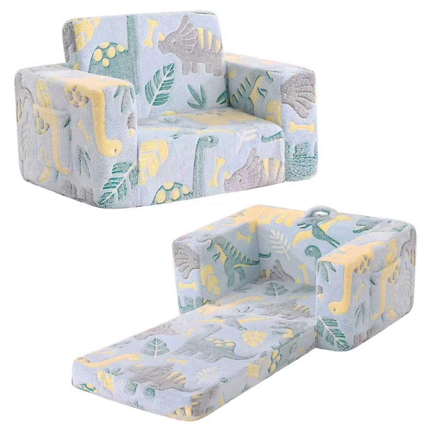 Tiita 2-in-1 Convertible Kids Couch to Lounger, Flip Out Toddler Armrest Bed, Folding Play Sofa for Girl or Boy, Grey Dinosaur