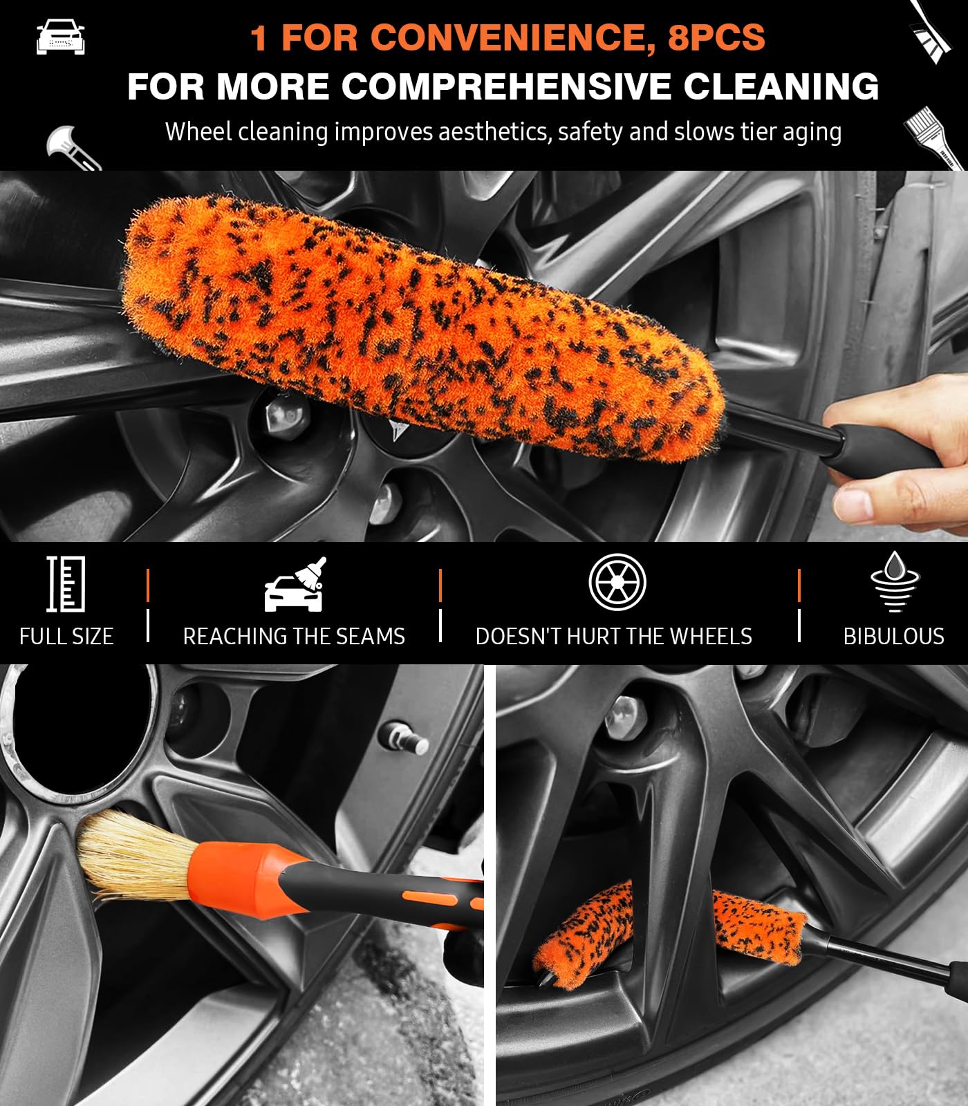 YeewayVeh 8PCS Wheel Brush Kit, Pro Synthetic Wool Rim Cleaner & Tire Brush Set, Scratch-Free Bendable Wheel Cleaning Brushes for Rims & Spokes, with Tire Shine Applicator & Detailing Brush, Orange