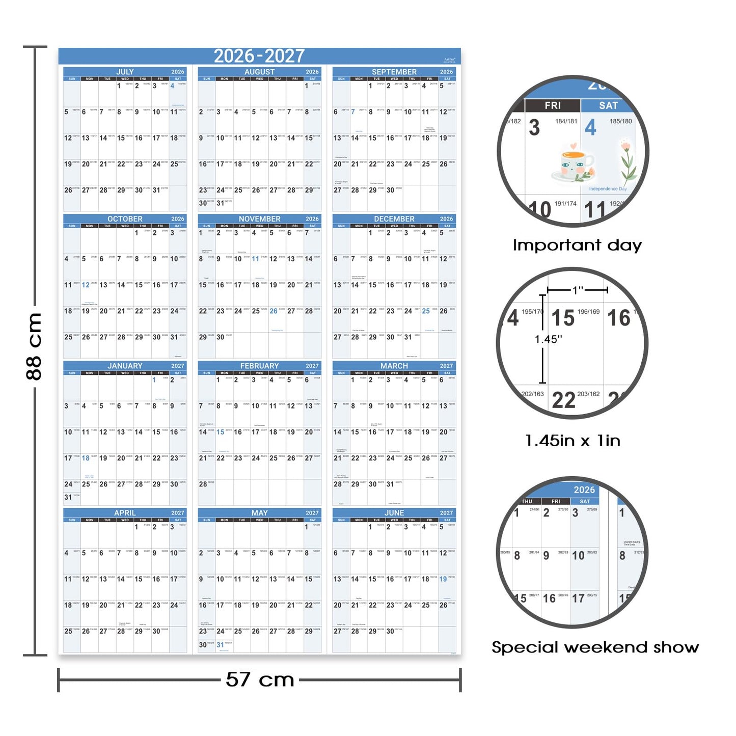 2026-2027 Wall Calendar - 2026-2027 Yearly Wall Calendar, July 2026 - June 2027, Calendar 26-27, 34.8" x 22.8"(Open), One Page Vertical with Round Stickers, Gift Pocket - Haze Blue