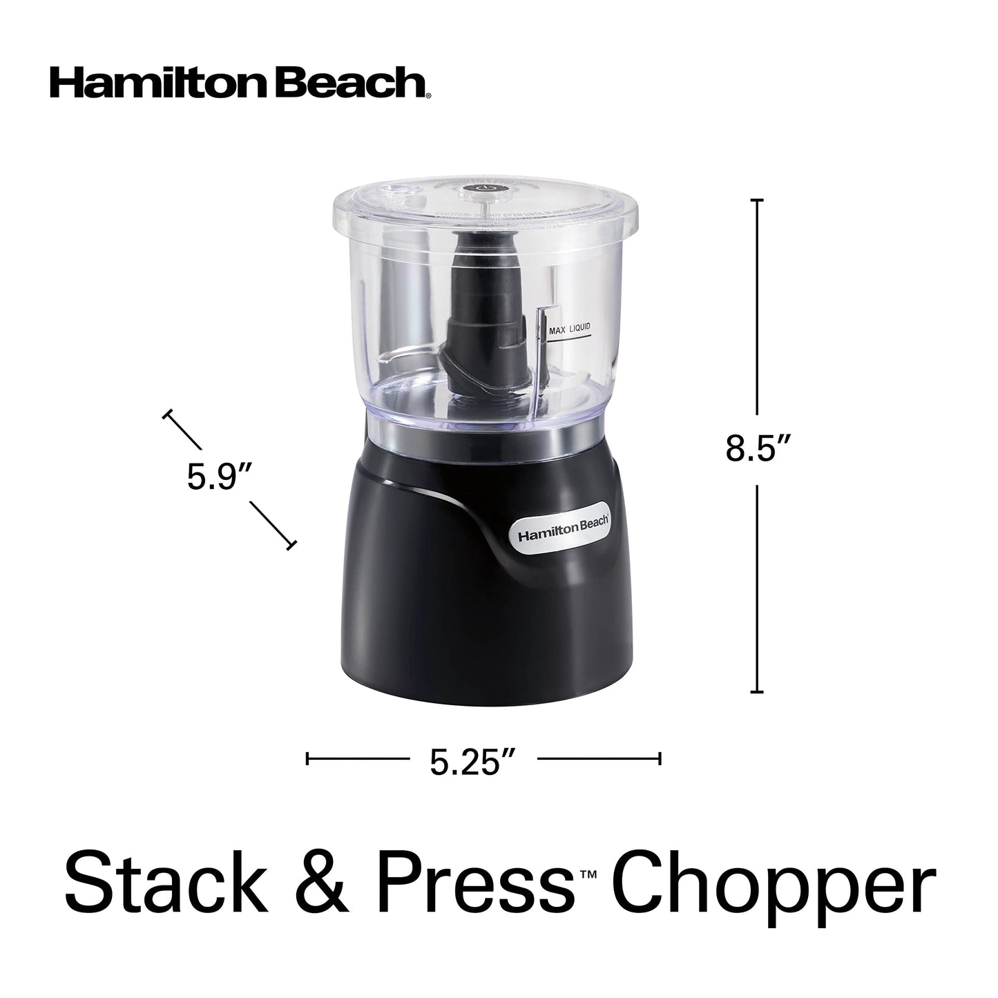 Hamilton Beach Stack & Press Food Chopper & Mini Food Processor, 350 Watts, 3 Cup Bowl, Stainless Steel Blades, for Chopping, Puree & Emulsify, Black, 72850G