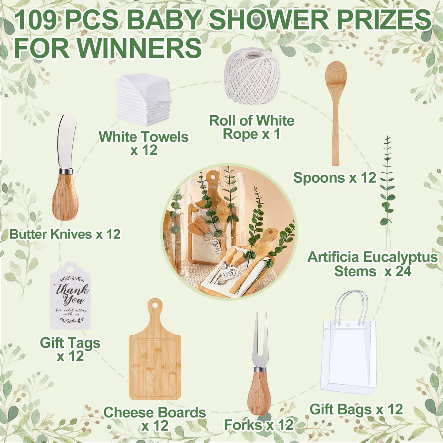 109PCS Baby Shower Prizes for Game Winners Bamboo Cheese Board Spoon Fork Butter Spreaders Plaid Towel Thank You Card and Gift Bags for Baby Shower Wedding Bridal Shower Favors (Bamboo, 12 Sets)