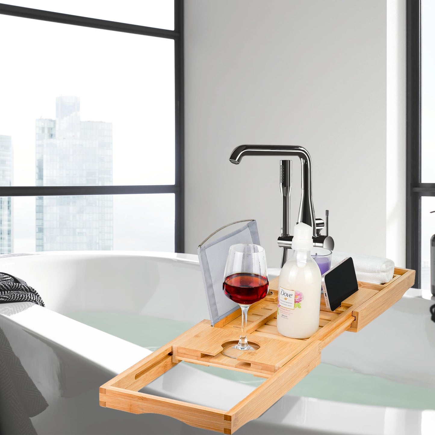 Utoplike Bathtub Caddy Tray, Bamboo Tub Tray with Sliding Towel Holder, Bath Table with Book Holder, Phone Stand and Adjustable Book Reading Rack, Tablet Slots