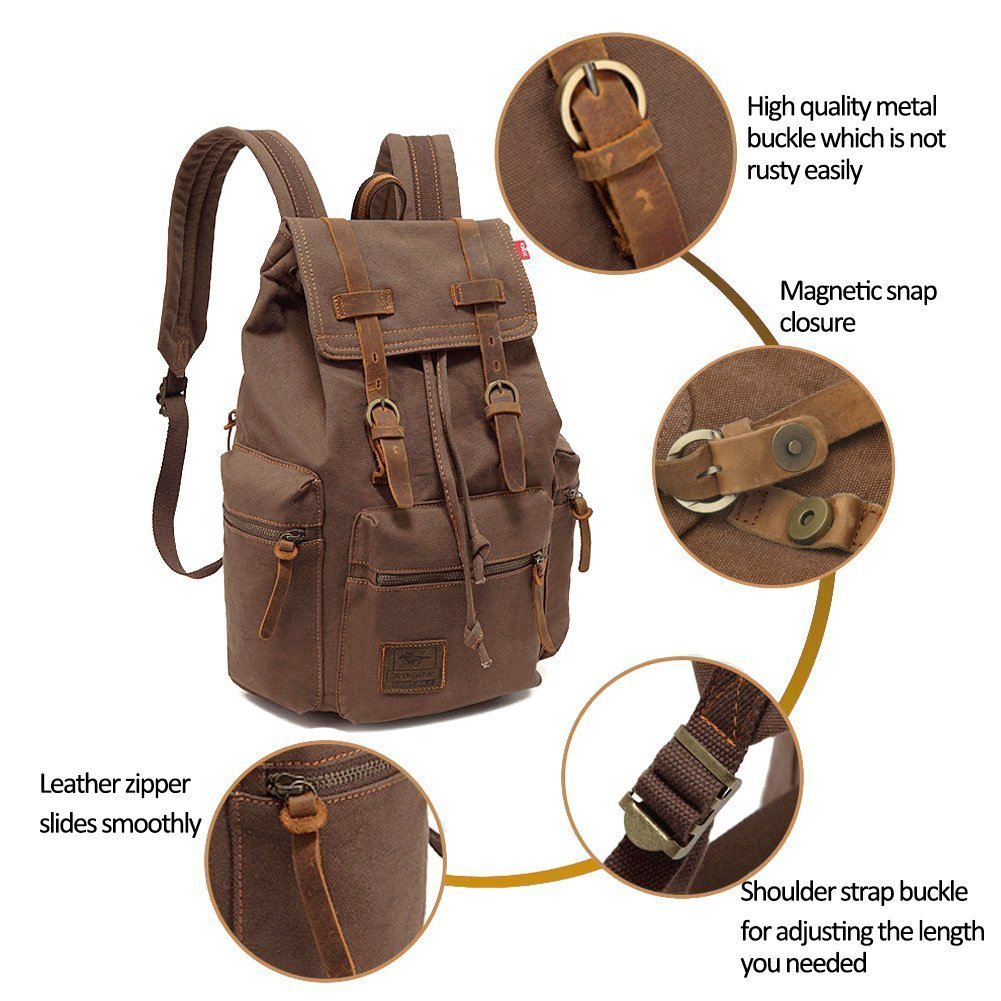 Koolehaoda Vintage Canvas Backpack Leather Rucksack Knapsack Unisex Casual Backpack 17inch Laptop Backpack Hiking Bag(L-Coffee)