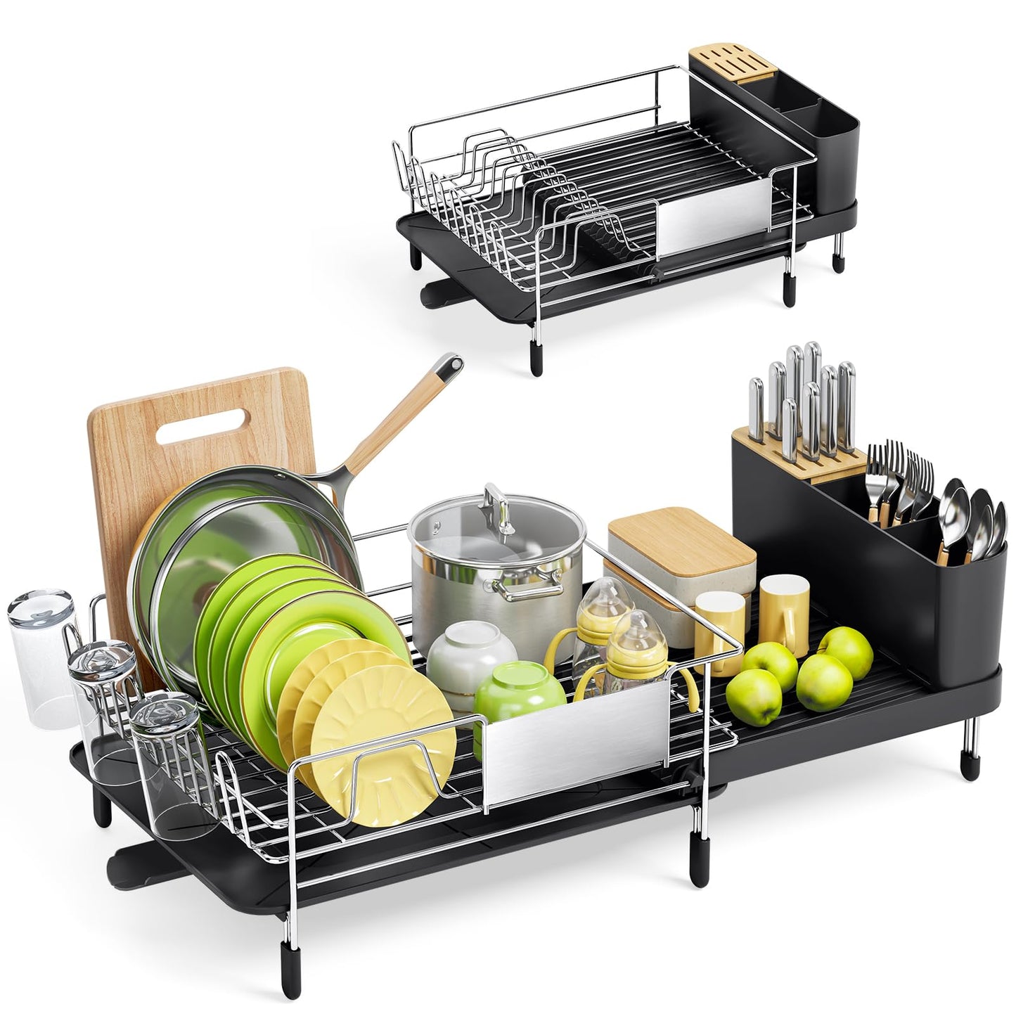 Urackify Expandable Dish Drying Rack Stainless Steel Dish Rack with Drainboard Set Dish Drainer for Kitchen Counter Large Capacity Dish Dryer Rack with 360° Swivel Spout